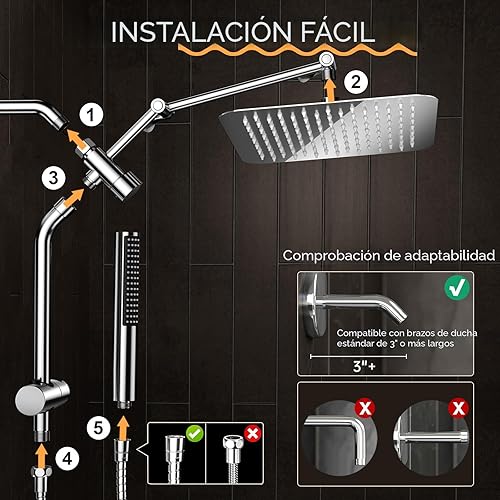 Miniatura 8 de Veken Lujoso cabezal de ducha de lluvia de metal de 10 pulgadas con mano, cabezales de ducha de lluvia de alta presión con brazo de extensión,