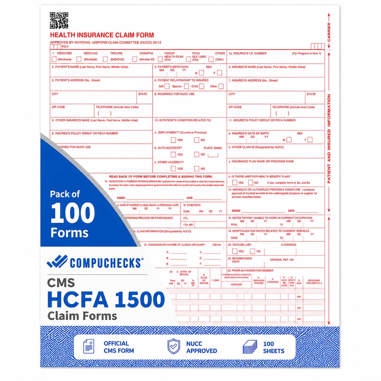 Compuchecks CMS-1500 HCFA Health Insurance Claim Forms, 02/12, 100 Sheets