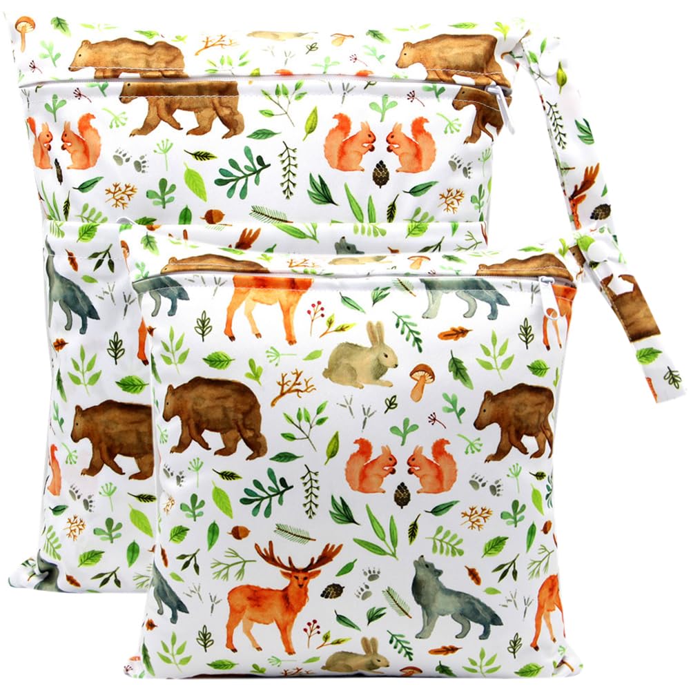 Wet Bag, Wet Dry Bags for Cloth Diapers Nappy Daycare Organiser Storage Bags, Waterproof Washable Reusable Zipper Bag (White Animal)