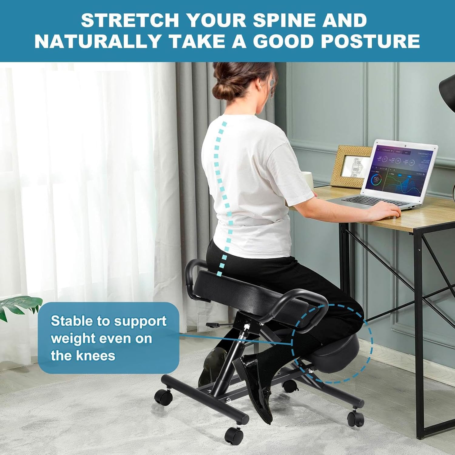 Ergonomic Kneeling Chair Without Backrest, Adjustable Balance Stool with Brake & Smooth Gliding Casters, Postures Correcting Chair for Home Office