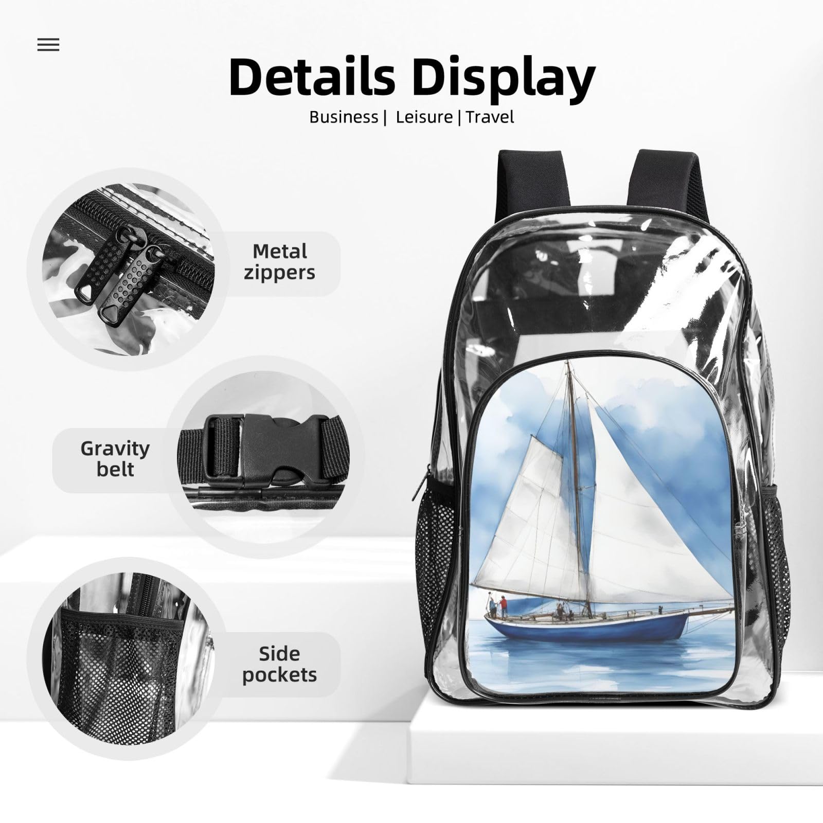 Blue Sailboat 1 Zaino Stampato Set 3 in 1 Trasparente Borsa Set Per Scuola Lavoro Stadio Eventi E Trasporto quotidiano
