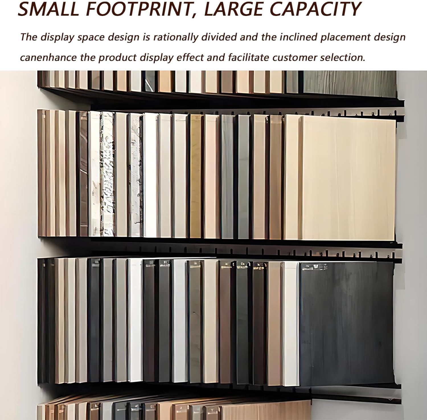 Metal Wall Mounted Sample Display Stand, Wooden Floor Holder, Floor Tile Organizer Stand, 20-Slot Rack for Flooring & Cabinet Door Samples, Adjustable Tilt, Easy Assembly