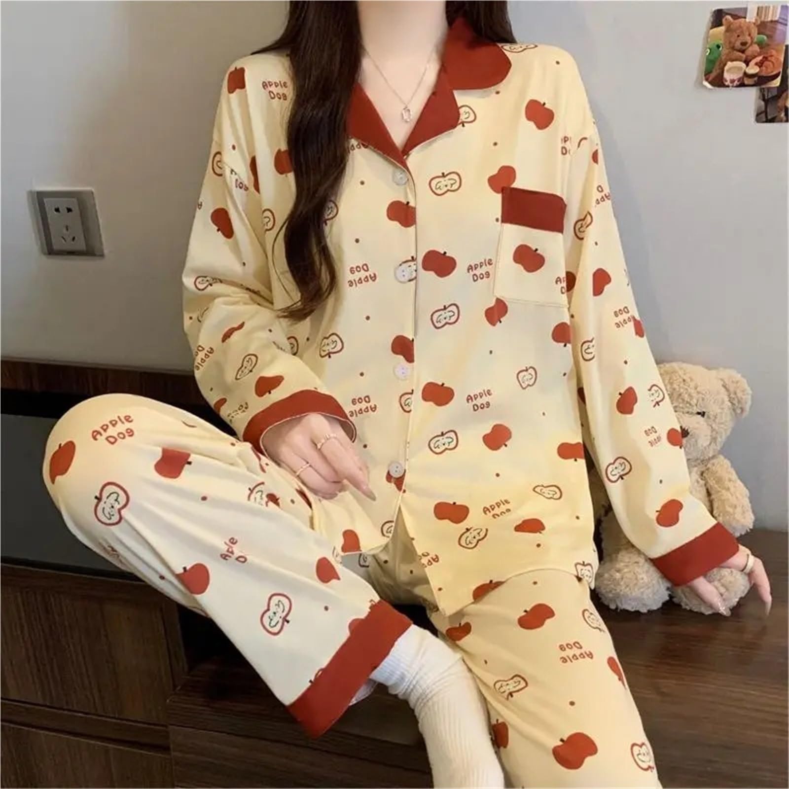 Conjunto de Pijama for Mujer con Estampado Lunares Manzana Dibujos Animados Primavera/otoño, Ropa Dormir Informal Dulce, Suave y cómoda Dos Piezas para Descanso en casa