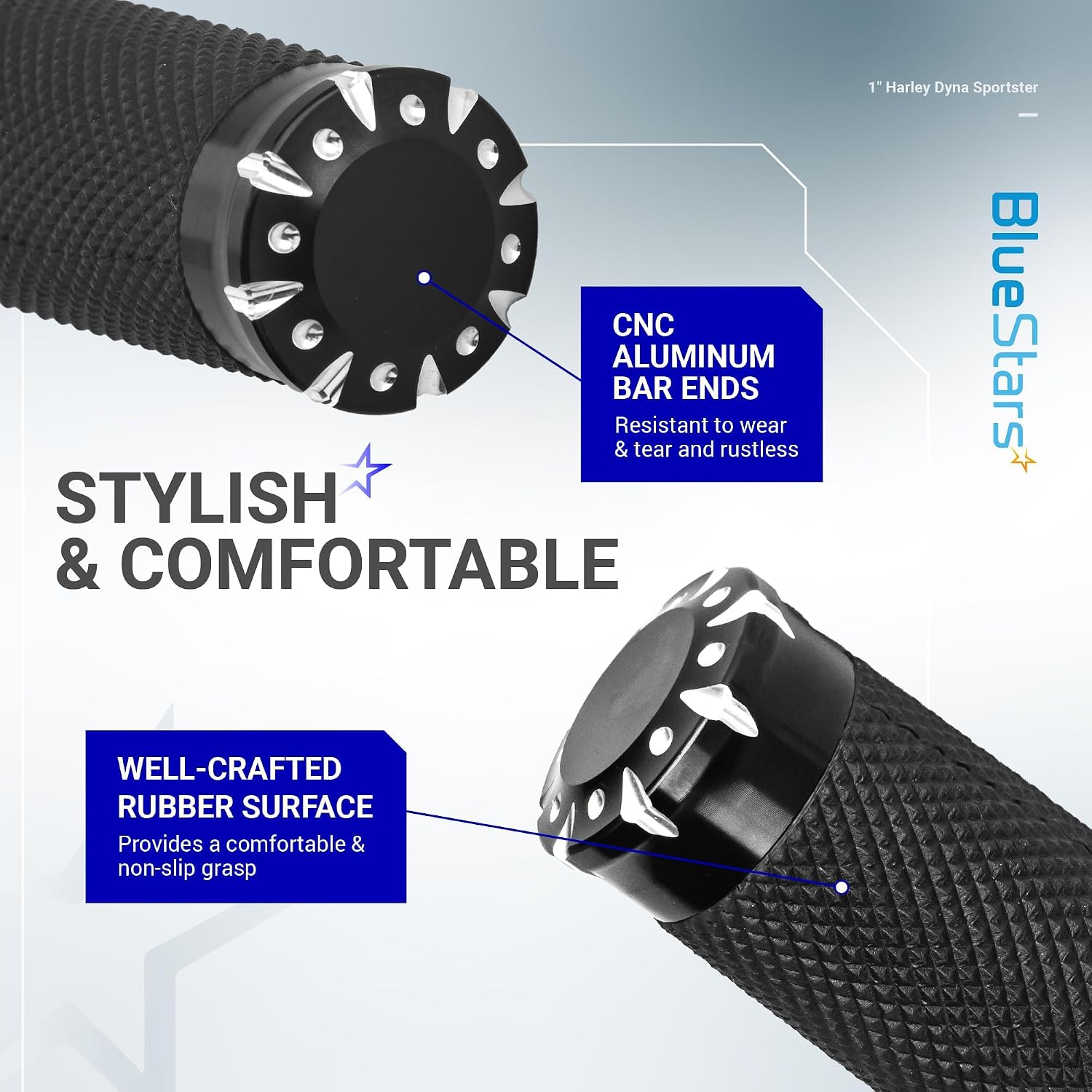 BlueStars 1-Inch Handlebar Hand Grips, Non-Slip and Durable - Compatible with Harley Dyna, Sportster 883 1200, Road Glide, Softail, Street Glide, Tour Glide