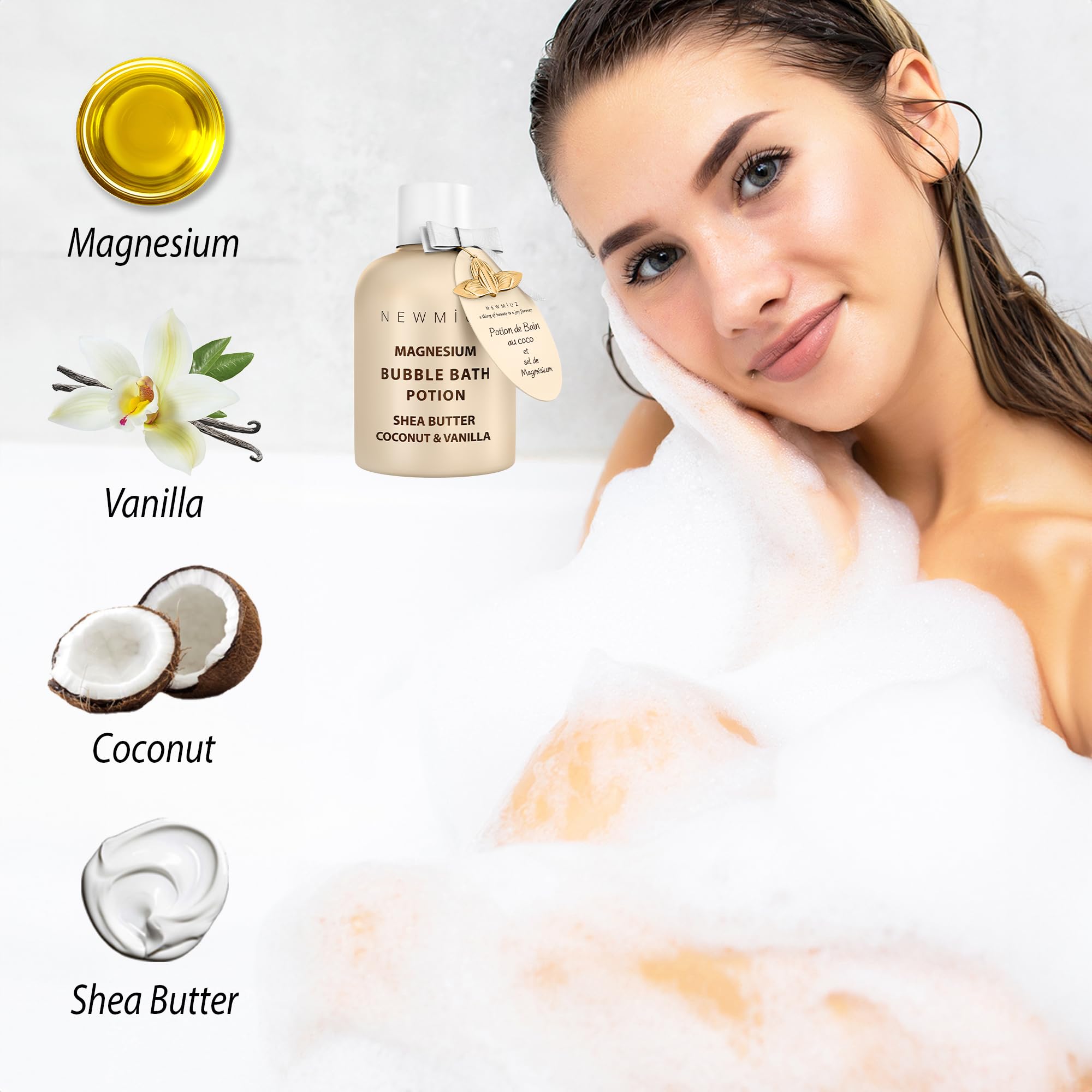 Baño de burbujas de magnesio, burbujas espumosas de larga duración, hidratante, manteca de karité, coco, vainilla, alivio relajante del estrés, regalo calmante de spa para cumpleaños, Navidad