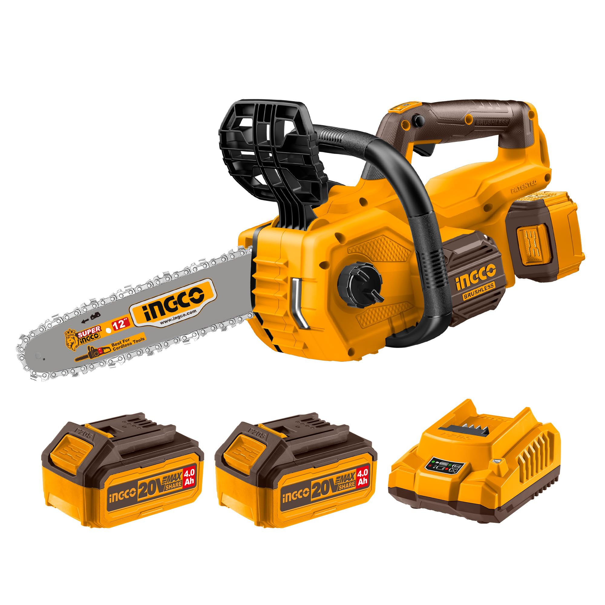 INGCO Cordless Chain Saw 12Inch Brushless Motor 7.9m/s Chain Speed 44 Drive Links with 2Pcs 4.0Ah Battery and 1Pcs Charger for Cutting Trees and Wood CGSLI201286