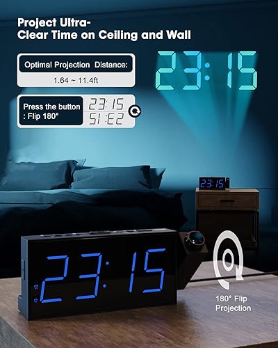 Miniatura 3 de OnLyee Reloj despertador de proyección para dormitorio, LED digital en techo y pared con carga USB para teléfono, respaldo de batería, proyector