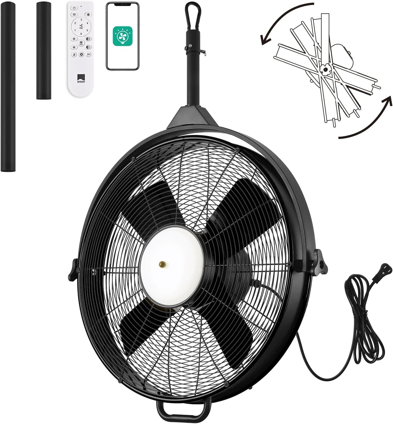 Orison 24.8'' Waterproof Outdoor Ceiling Fan, 6 Speed Ceiling Mounted Plug-In Cord Garage Fan with Remote&APP, 360-degree Manual Vertical Rotation, Hook hanging for Gazebo, Patio, Pergola (Black)  ( NO TEST )