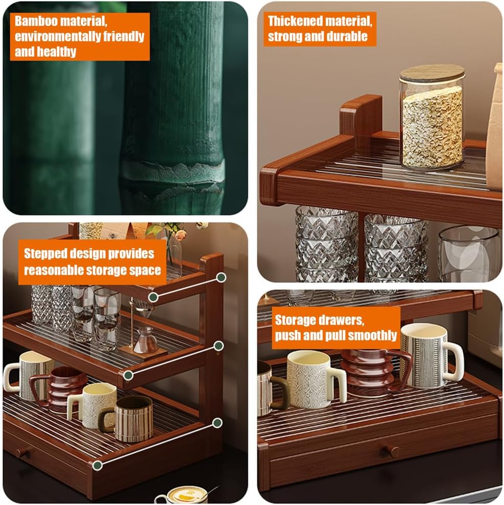 Mug Holder Countertop with Drawer, Wooden Coffee Mug Rack for Coffee Station Organizer Mug Shelf for Cabinet for Kitchen, Home,3tier