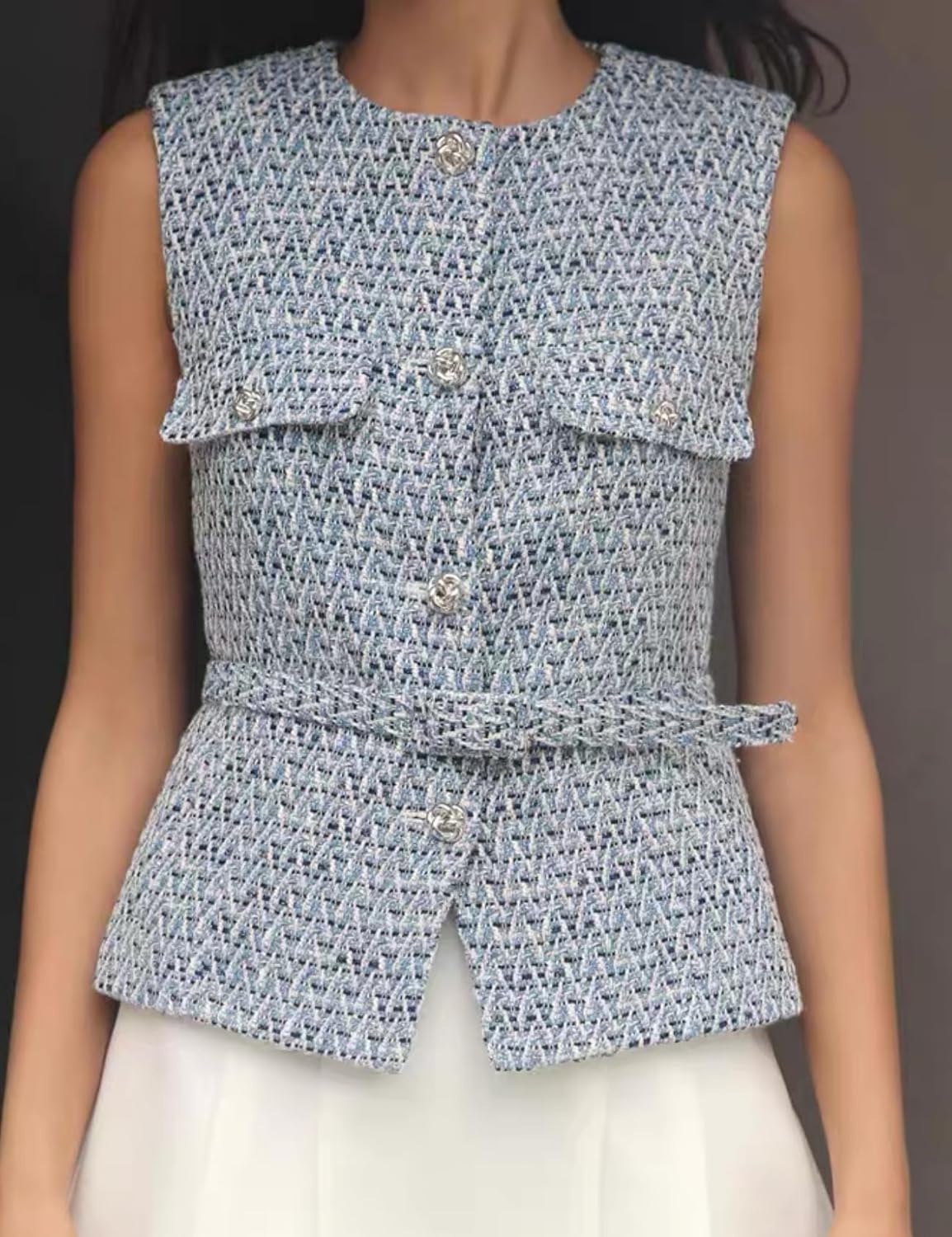 Perbai Womens Tweed Blazer Vest Crewneck Button Down Sleeveless Belted Plaid Work Office Tank Top with Pockets
