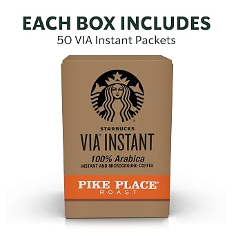 Starbucks VIA Instant Coffee, Medium Roast Coffee, Pike Place Roast, 100% Arabica, Single-Serve, 1 Box (50 Packets)