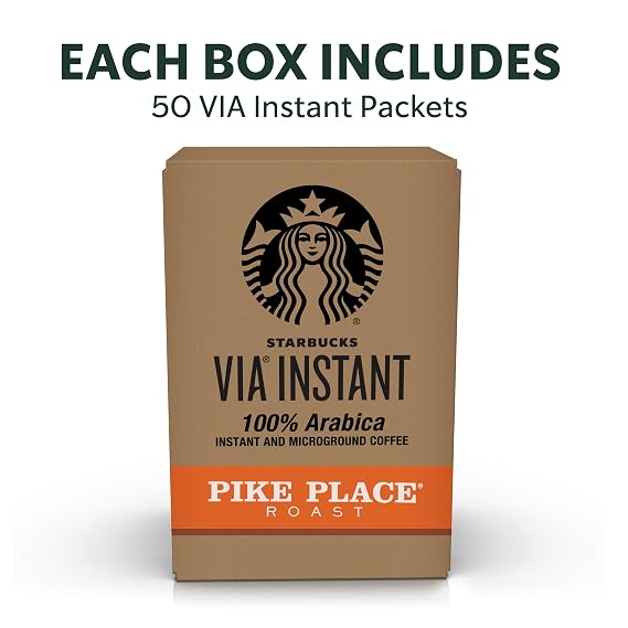 Starbucks VIA Instant Coffee, Medium Roast Coffee, Pike Place Roast, 100% Arabica, Single-Serve, 1 Box (50 Packets)