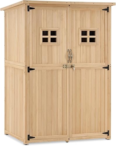 MCombo Armario de almacenamiento grande de madera para exteriores con 2 estantes, cobertizo de almacenamiento de jardín de gran tamaño con