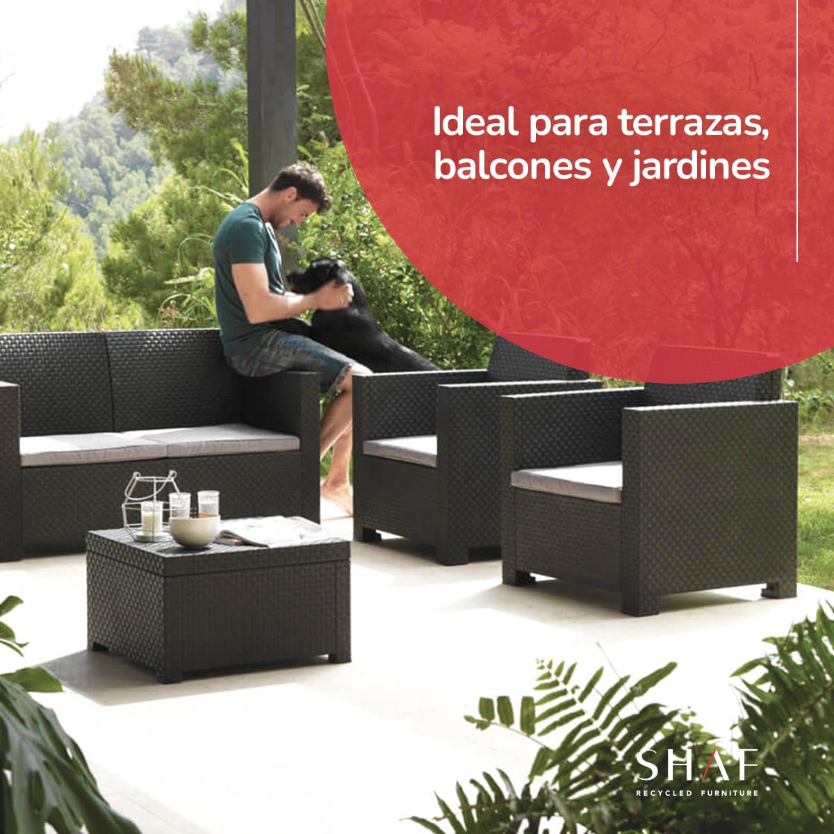 SP Berner SHAF - Conjunto Jardín Exterior y Terraza - Sofá de 2 plazas, 2 Sillones, Mesa Baja y Cojines Asiento - Plástico Reciclado - Set EVO Confort - Grafito