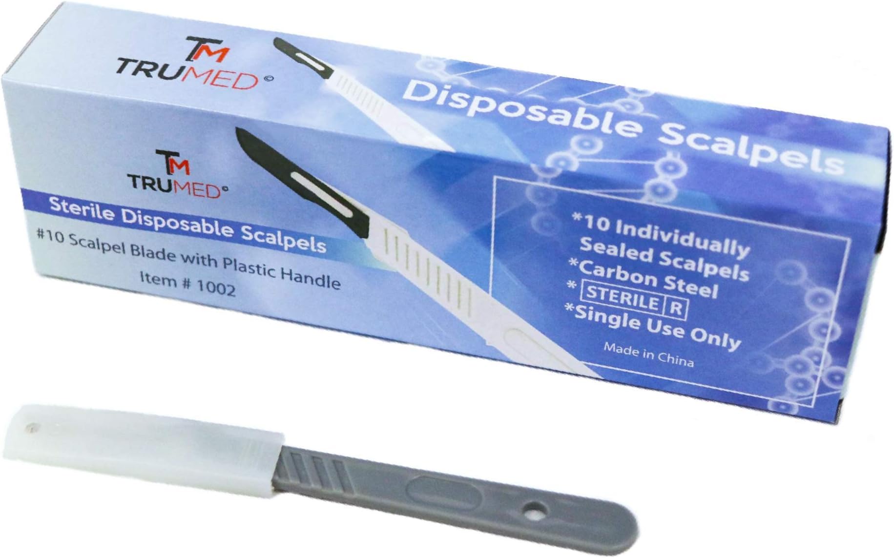 1002 Disposable Scalpels with #10 High-Carbon Steel Blades, Plastic Handle, Sterile Surgical Tool, Biology Lab Anatomy, Carving, Medical Dissection, Box of 10