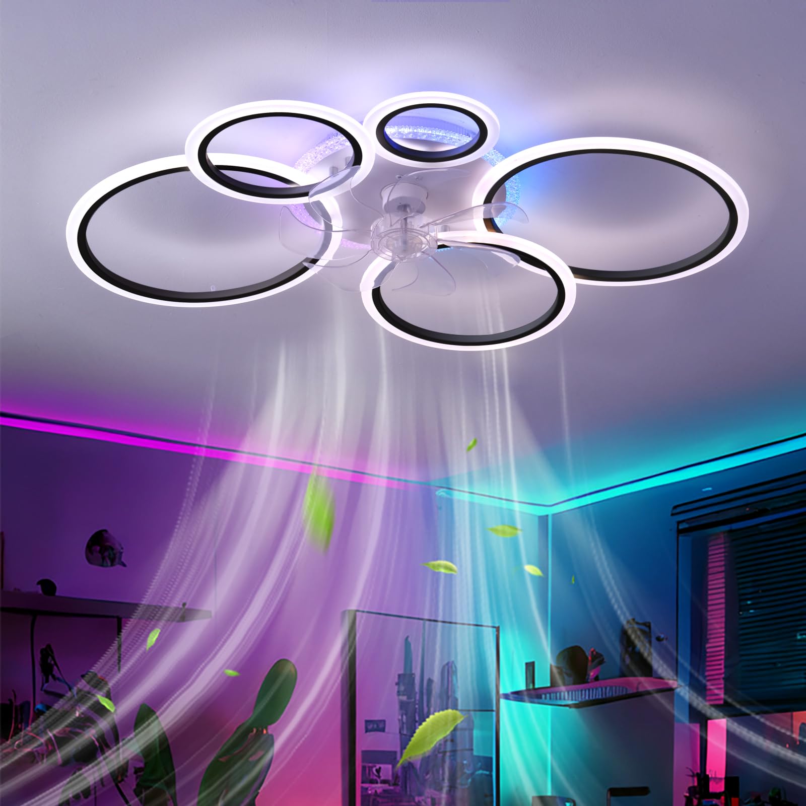 KVOYYIRA RGB Ceiling Fans with Lights and Remote APP Control, Silent DC Reversible Ceiling Fans with LED Lamps, 6 Speed Timer Ceiling Fan with Lighting for Bedroom Living Room Kitchen-Black