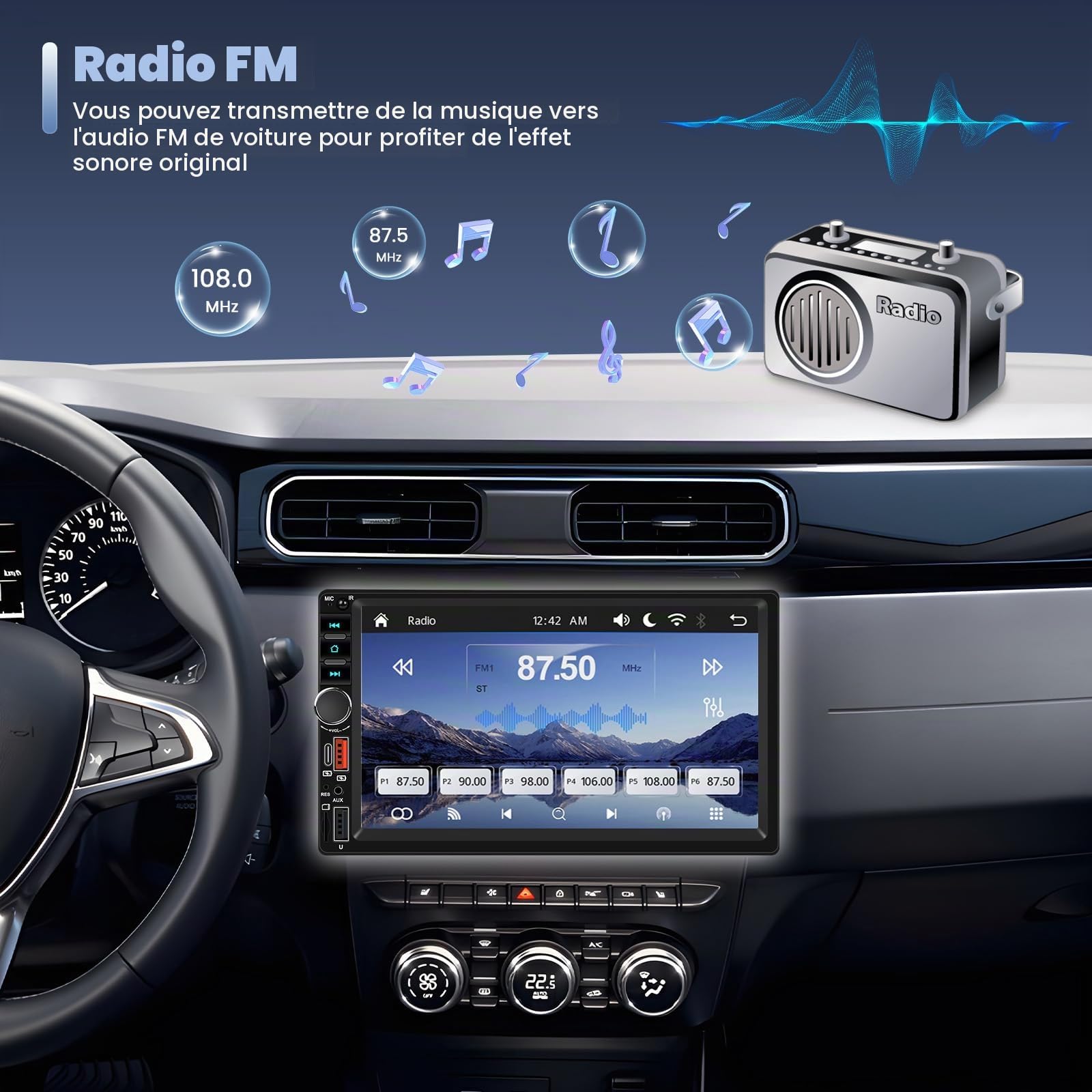 Inefala Autoradio Bluetooth 2 Din avec Voiture Android sans Fil 7 Pouces Écran Tactile Stéréo Voiture Prend en Charge Bluetooth Miroir Lien FM Radio 2 USB Type-C EQ AUX avec Caméra Arrière