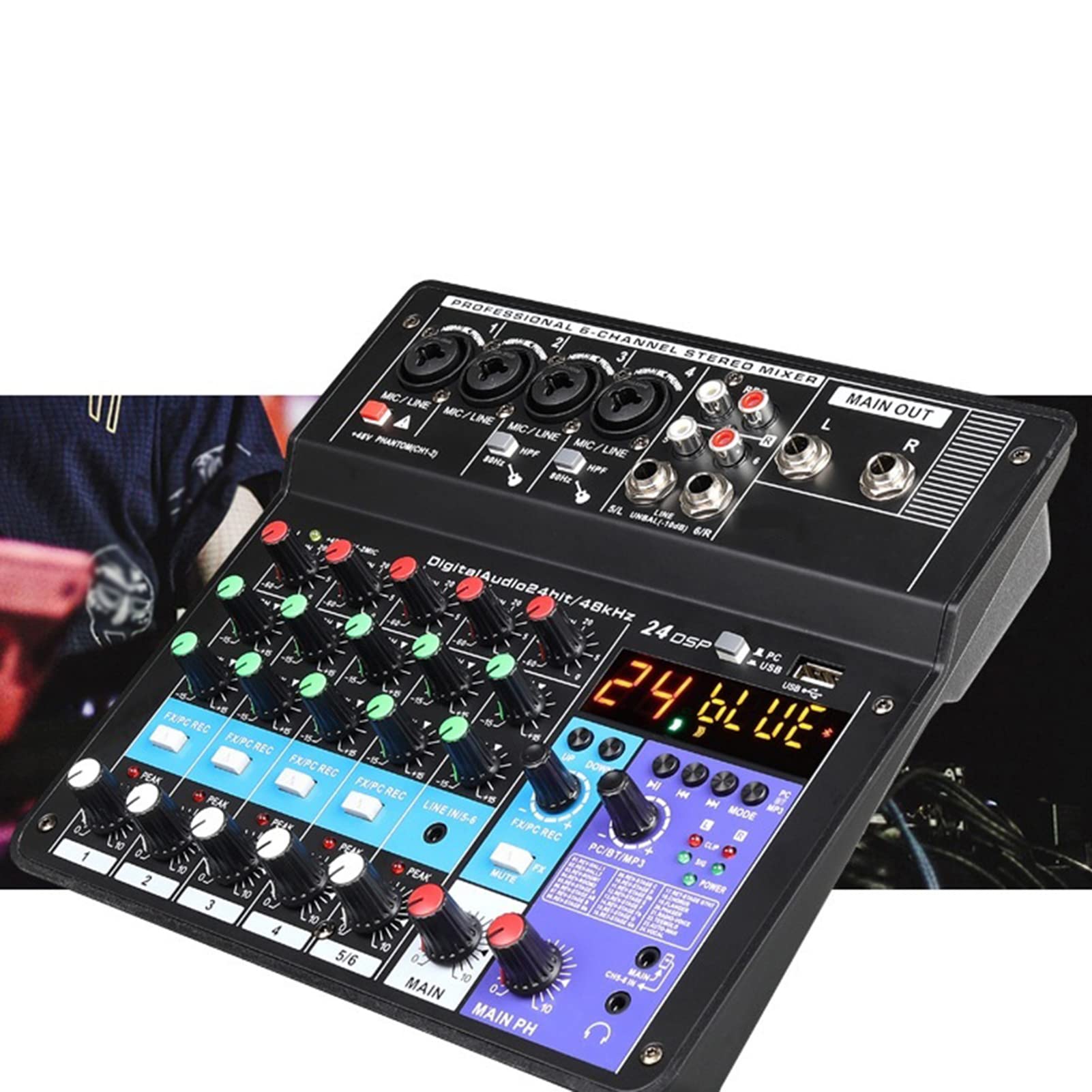 Mezclador de Audio Profesional USB Bluetooth MP3 Entrada de computadora 48V Phantom Power Estéreo DJ Studio Streaming 24 DSP Procesador para Party Studio