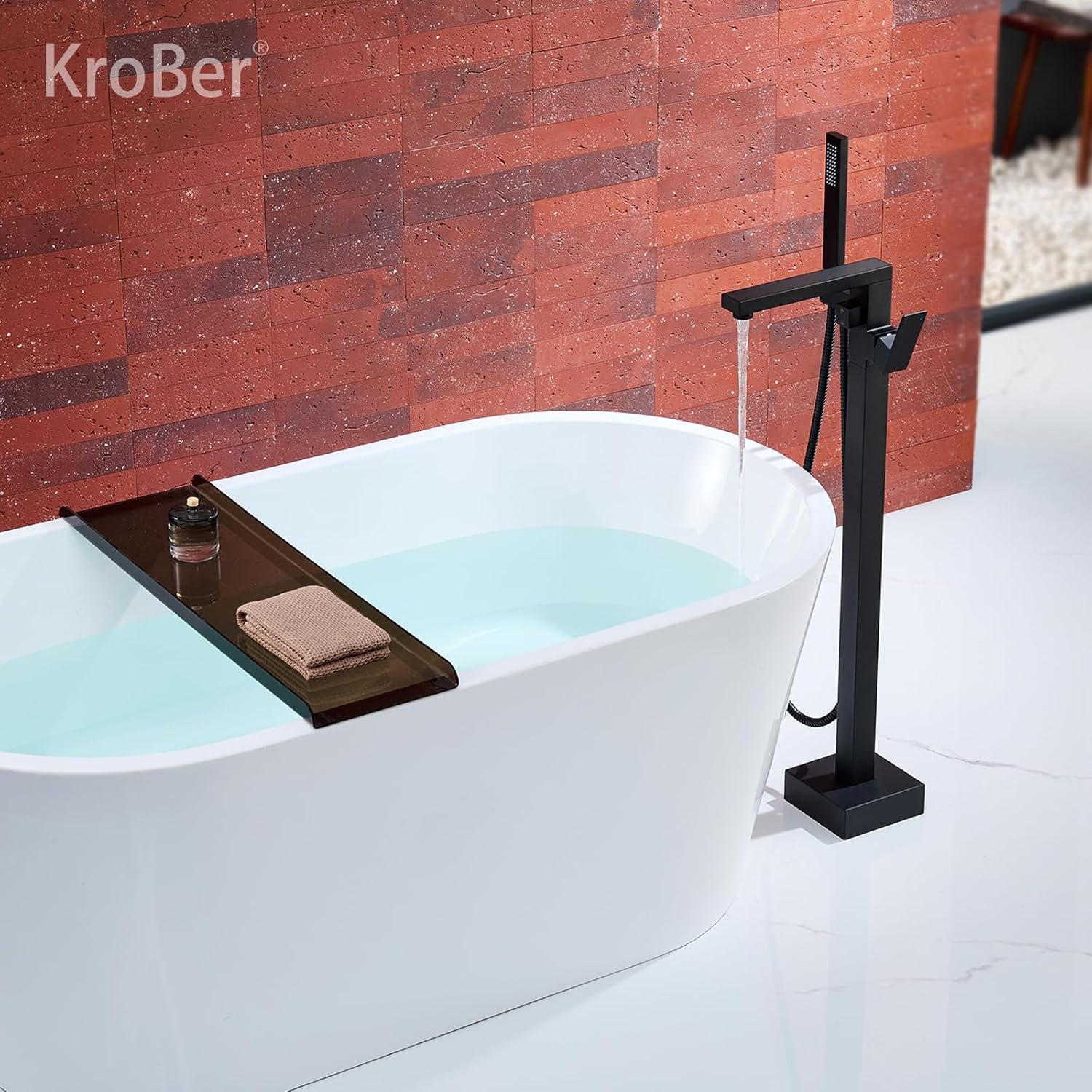 Freestanding Tub Faucet Bathtub Faucet Matte Black Tub Filler Floor Mount Faucet with Handheld Shower, Robinet de Bain Autoportant