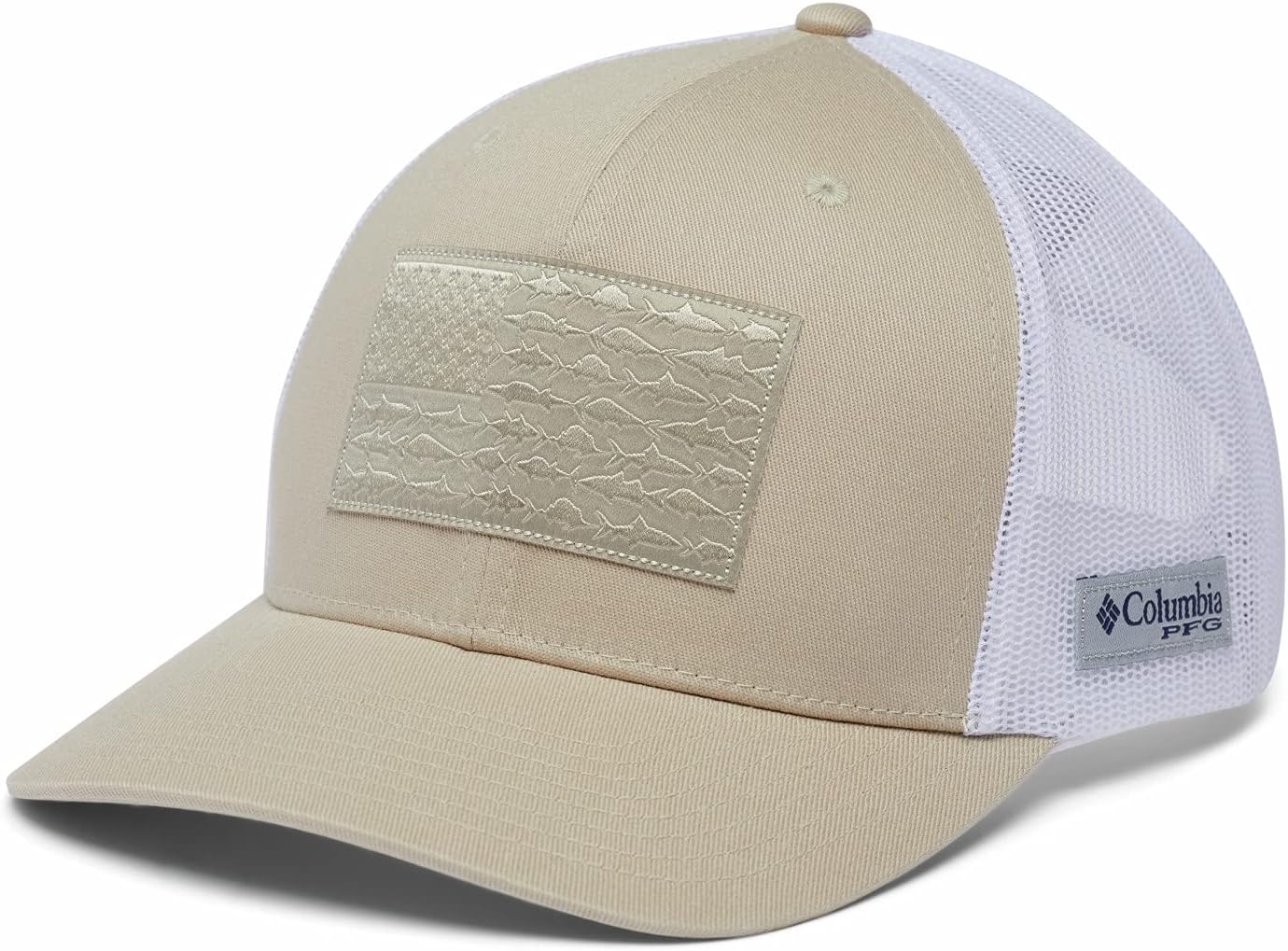 Columbia Unisex PFG Mesh Snap Back Fish Flag Ball Cap, Fossil/White/Fish Flag, One Size