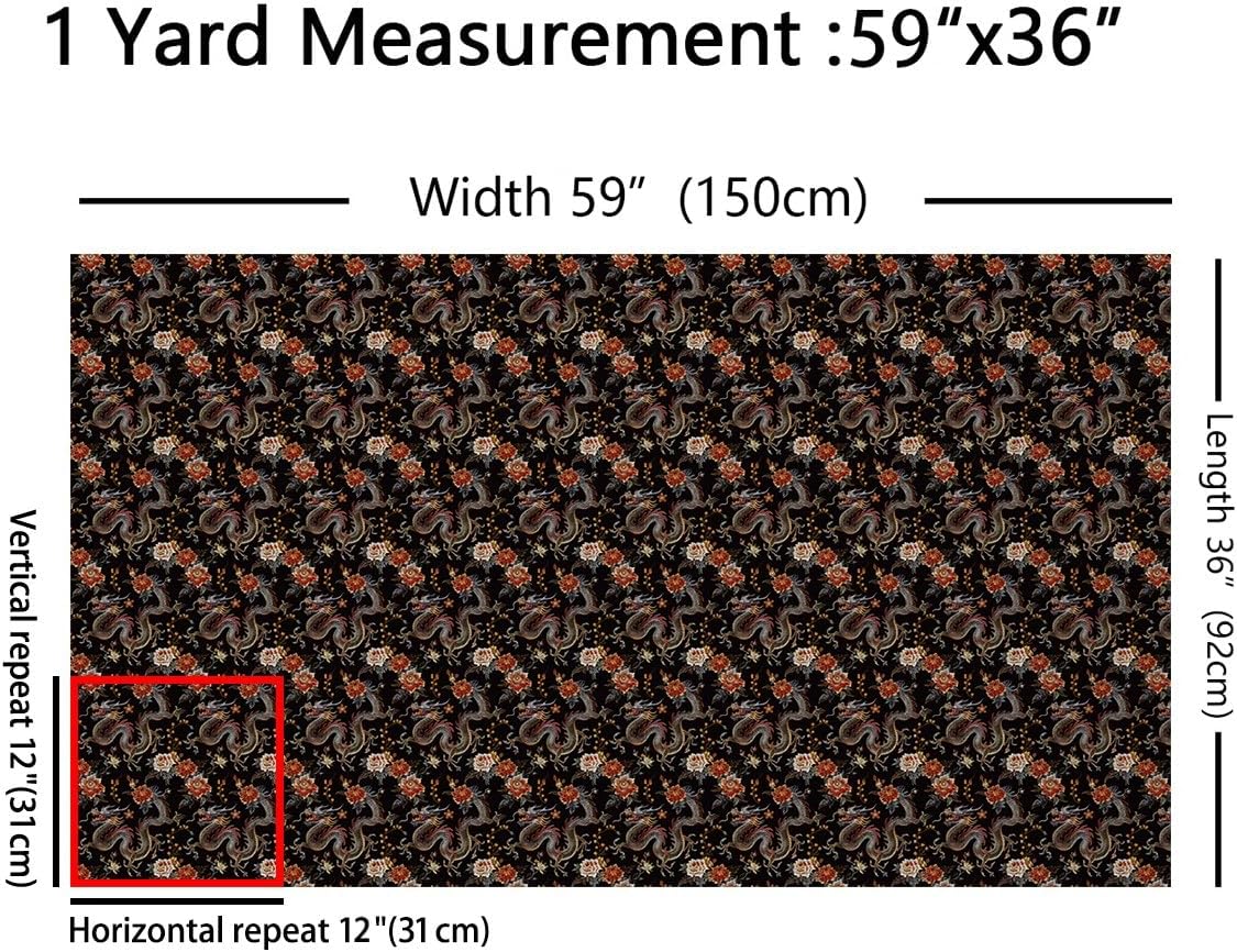 Feelyou Dragon Fabric by The Yard, Oriental Chinese Style Dragon Upholstery Fabric for Chairs, Embroidery Design Floral Jungle Animal Decorative Waterproof Outdoor Fabric, 2 Yards, Brown Black