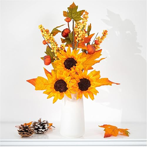 1 juego de girasoles falsos, flores artificiales de otoño, sin decoloración, girasol, hojas de arce falsas, mini calabazas, plantas de otoño,