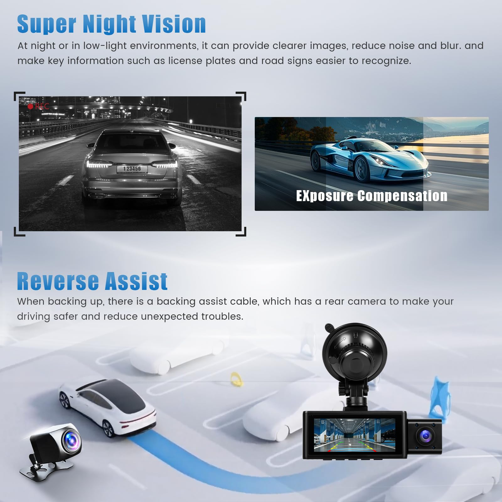 Roinvou Dashcam 3 Canales 2.5K+2.5K+1080P con Cámaras Delantera, Interior y Trasera, Pantalla 3.16", GPS, Sensor de Impacto G-Sensor, Grabación en Bucle, Control por App (Viidure), 64GB TF