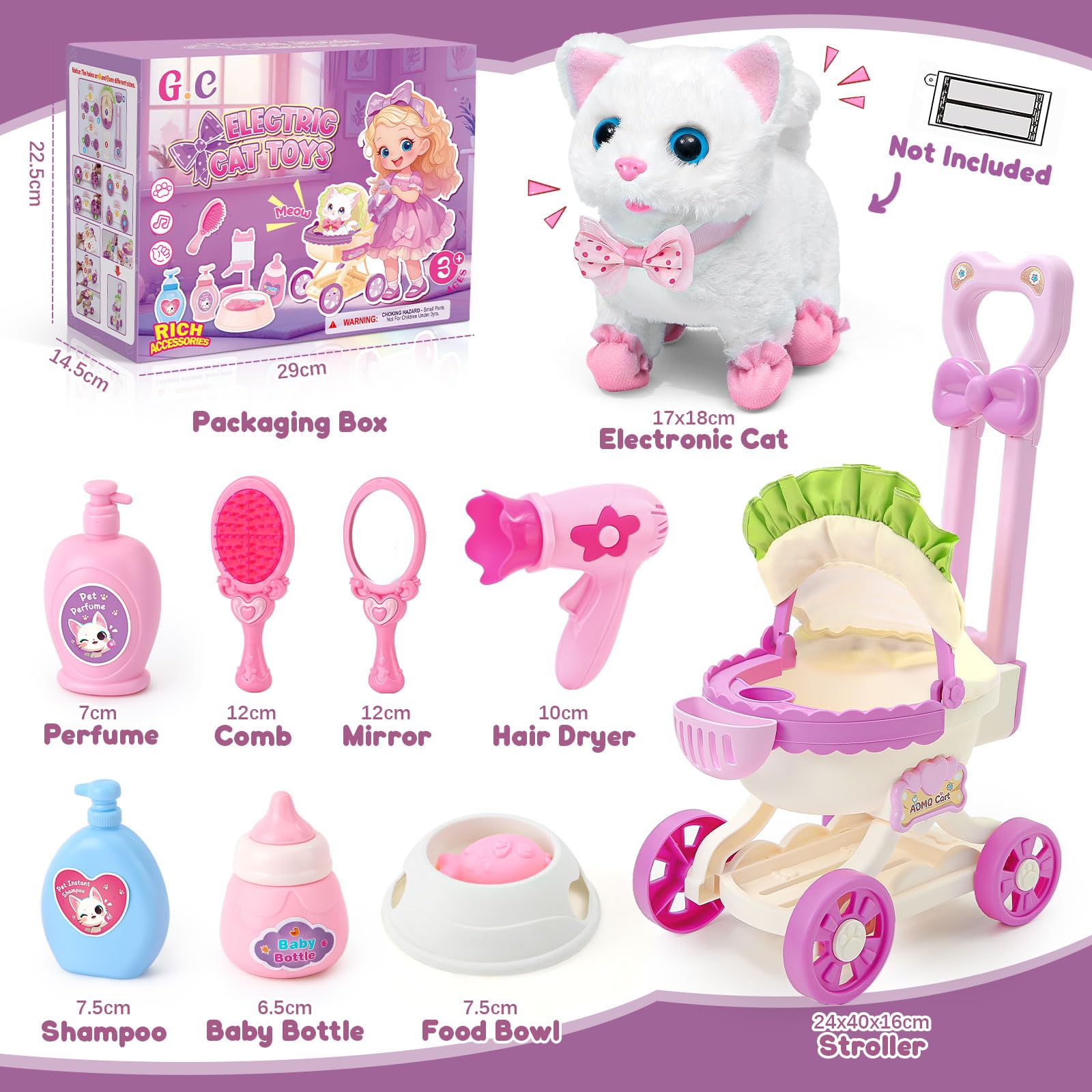 Tacobear Jouet Electronique en Peluche Chat Fille 3 4 5 6 Ans, avec Interactif Chat & Poussette de Poupee & Accessoires de Animaux Jeu de Role Jouet Cadeau Noël Danniversaire Enfant Fille 3-6 Ans