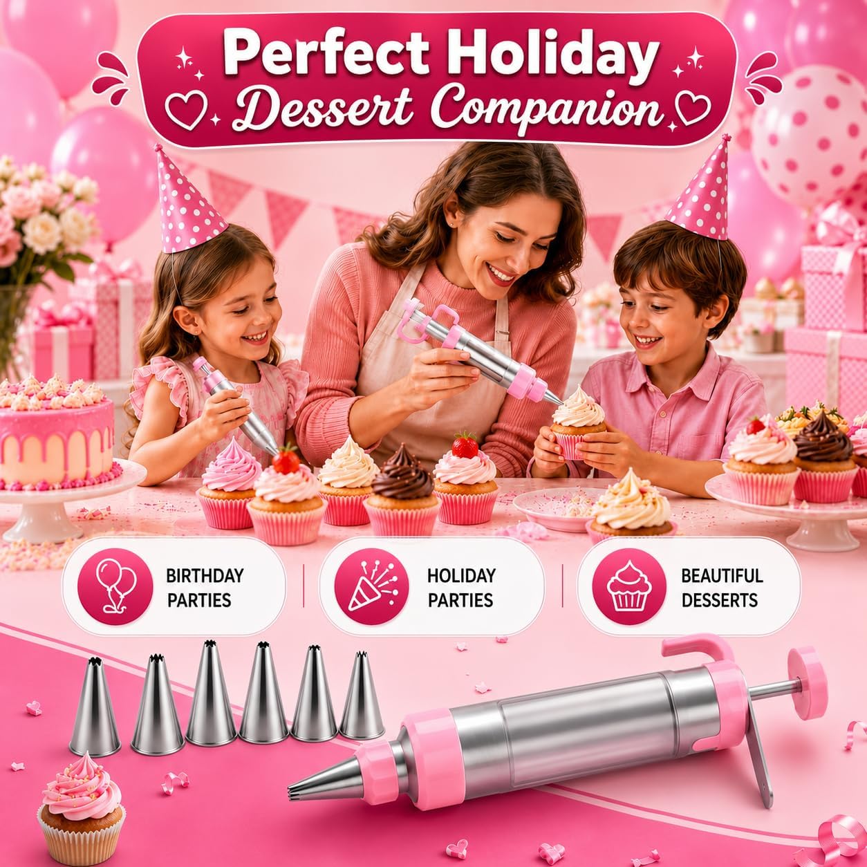Pink Cake Decorating Syringe Set - Reusable Icing Syringe with Tips