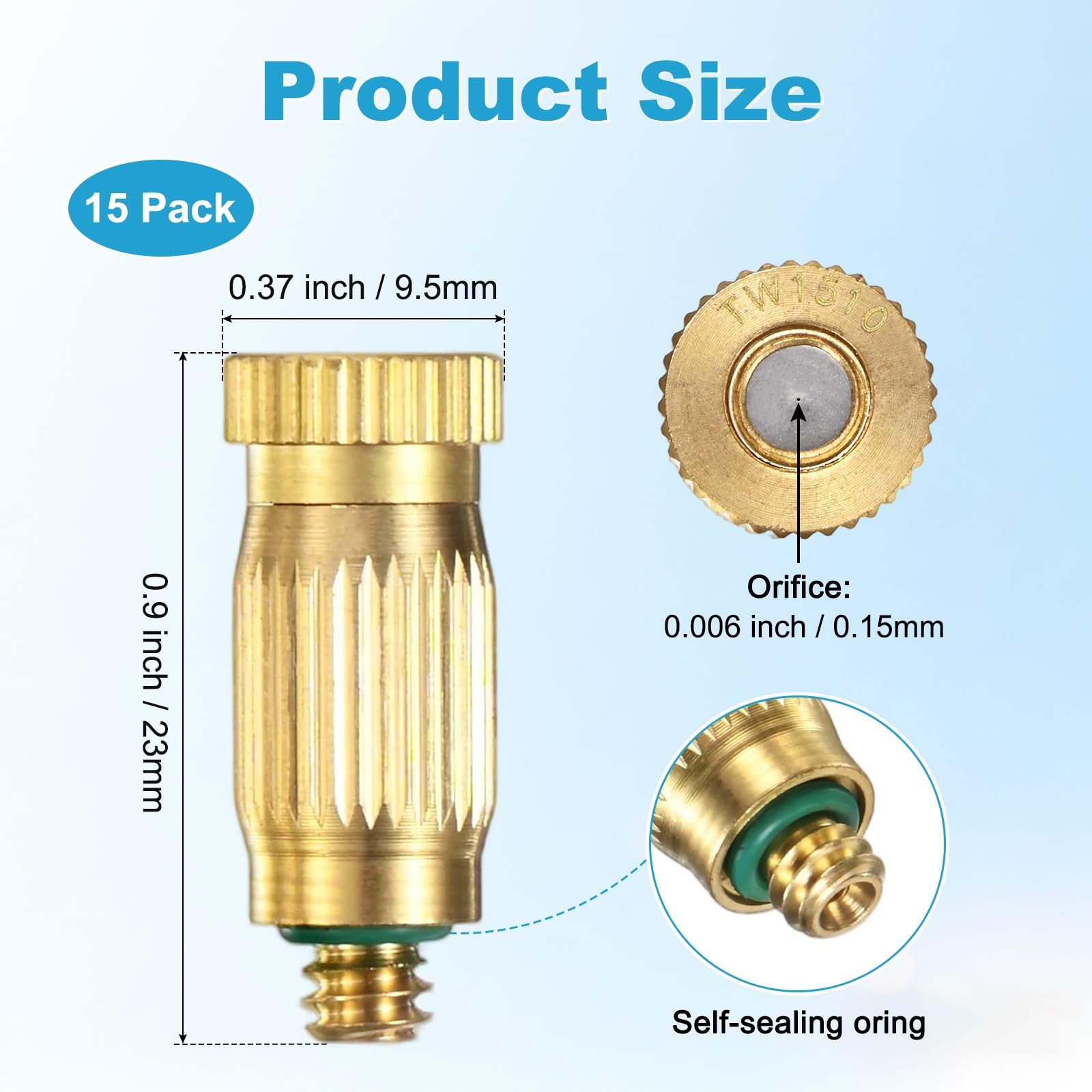15er-Pack Messing-Sprühdüsen, 0,15 mm (0,006 Zoll) Öffnung, Hochdruck-Sprühdüse 3/16 UNC, tropffreier Sprühkopf für den Außenbereich, geeignet für Kühlsysteme im Außenbereich, Landschaftsbau und Gew