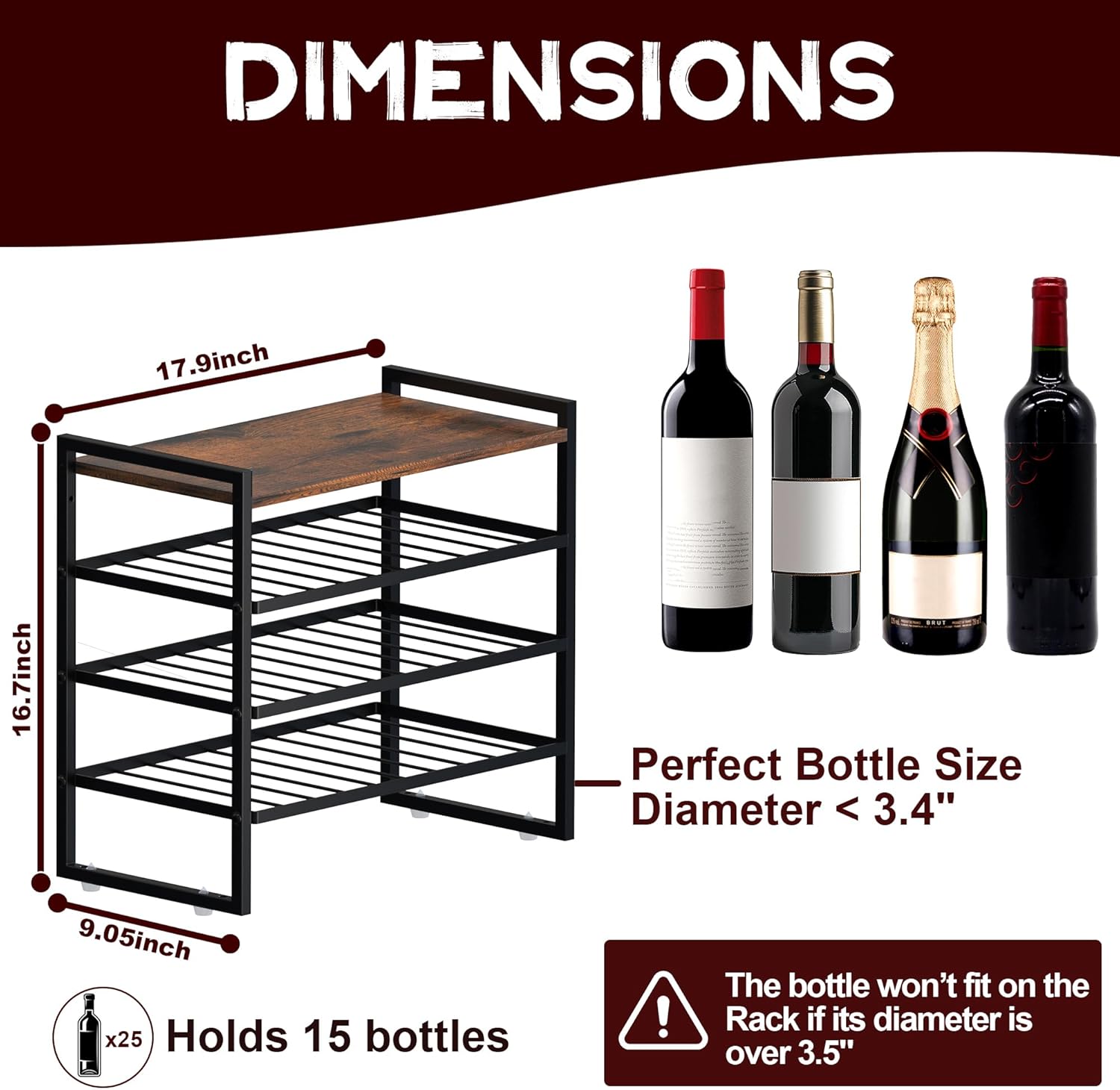 4-Tier Wine Rack Countertop, 15 Bottle Wine Rack for Inside Cabinet, Metal Wine Bottle Holder with Table Top, Wine Storage Shelf for Kitchen, Bar, Dining Room
