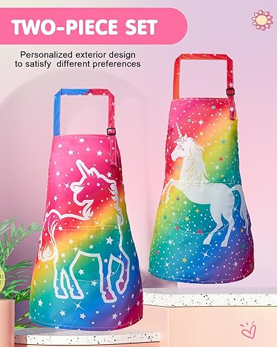Miniatura 6 de Lictin Paquete de 2 delantales para niños y niñas para cocinar, delantal de arte impermeable con bolsillos para niños, pintar, cocinar, hornear