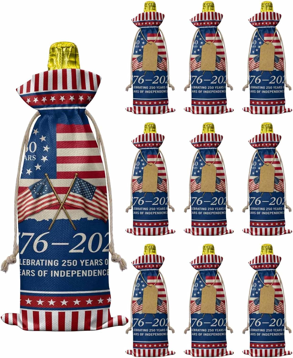 4th of July Burlap Wine Bags 10 PCS America 250 Years Wine Bottle Gift Bag Patriotic American Flag Wines Gift Bags with Drawstrings Tags & Ropes Wines Bottle Covers for Independence Day Party Birthday