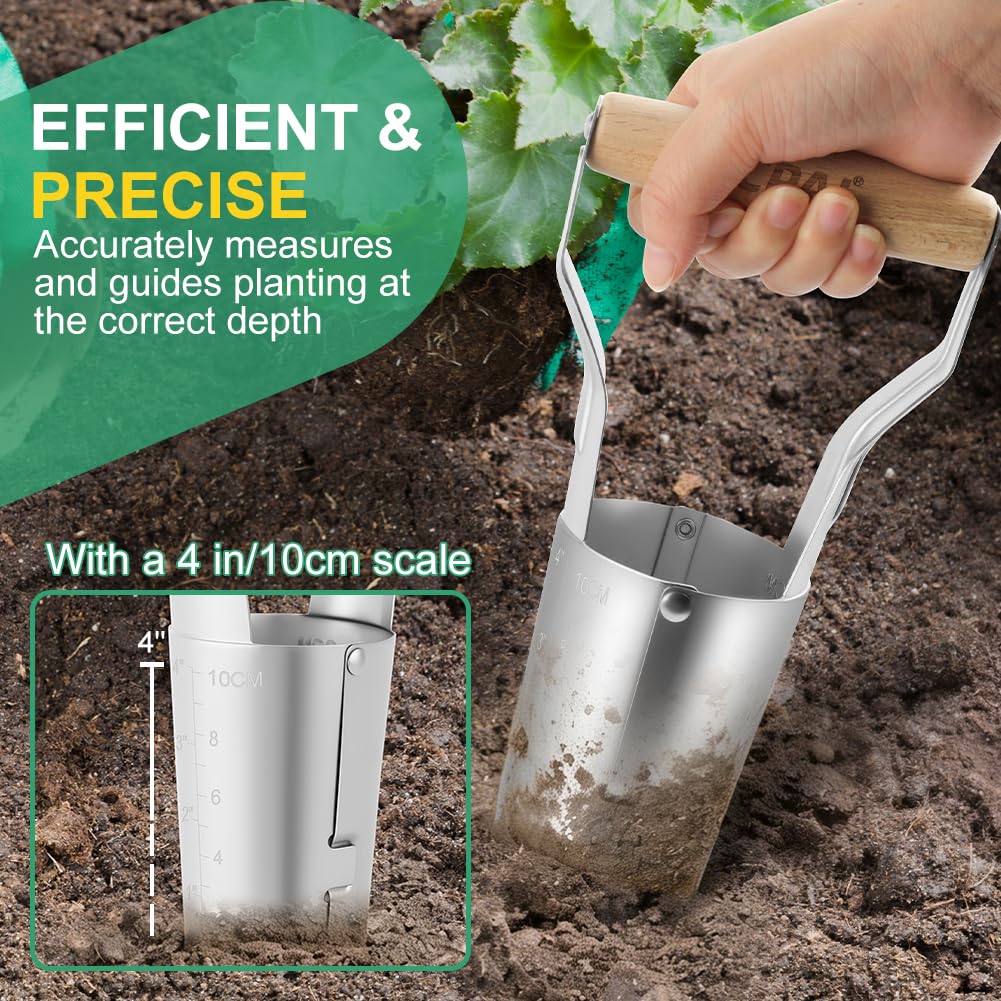 Outil de Perforation de Jardin, Plantoir à Bulbes avec Pointe en Fer Chromé et Manche en Bois Solide, Outil de Jardinage avec Graduation et Manche en Bois, Perforatrice + Repiqueuse de Semis
