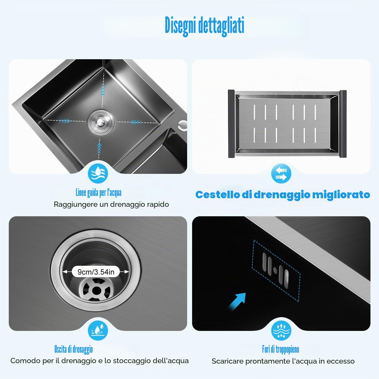 lavello in acciaio inox, doppio bacino nero 78x43x22cm, lavello da cucina con 2 bacini complanari, incluso sgocciolatoio, distributore di sapone, sifone e troppopieno