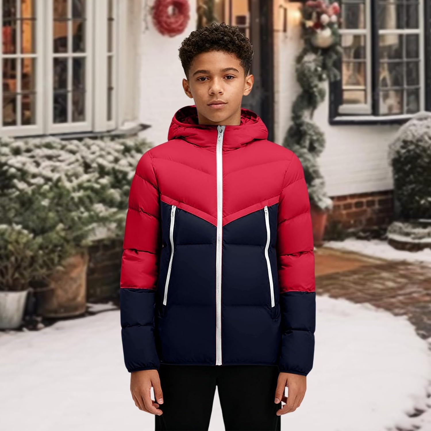 Kids Puffer Jacket Boys Winter Waterproof Quilted Thermal Thick Padded Down Coat Casual Cozy Light Color Block Outerwear