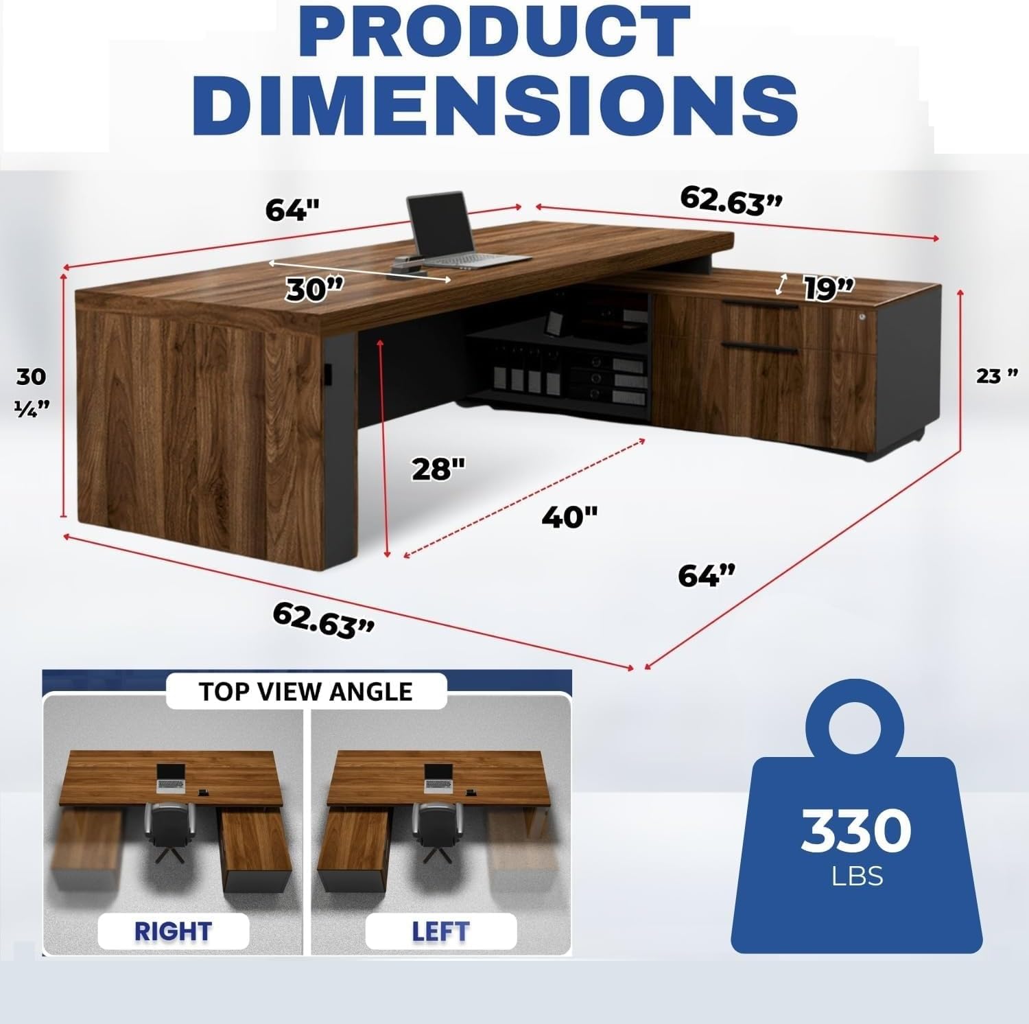 Executive L-Shaped Office Desk in Walnut - Quick Assembly Modern Home Office Desk with Lockable Storage Cabinets & Hidden Shelves(Credenza Right,64" x 63" x 30")
