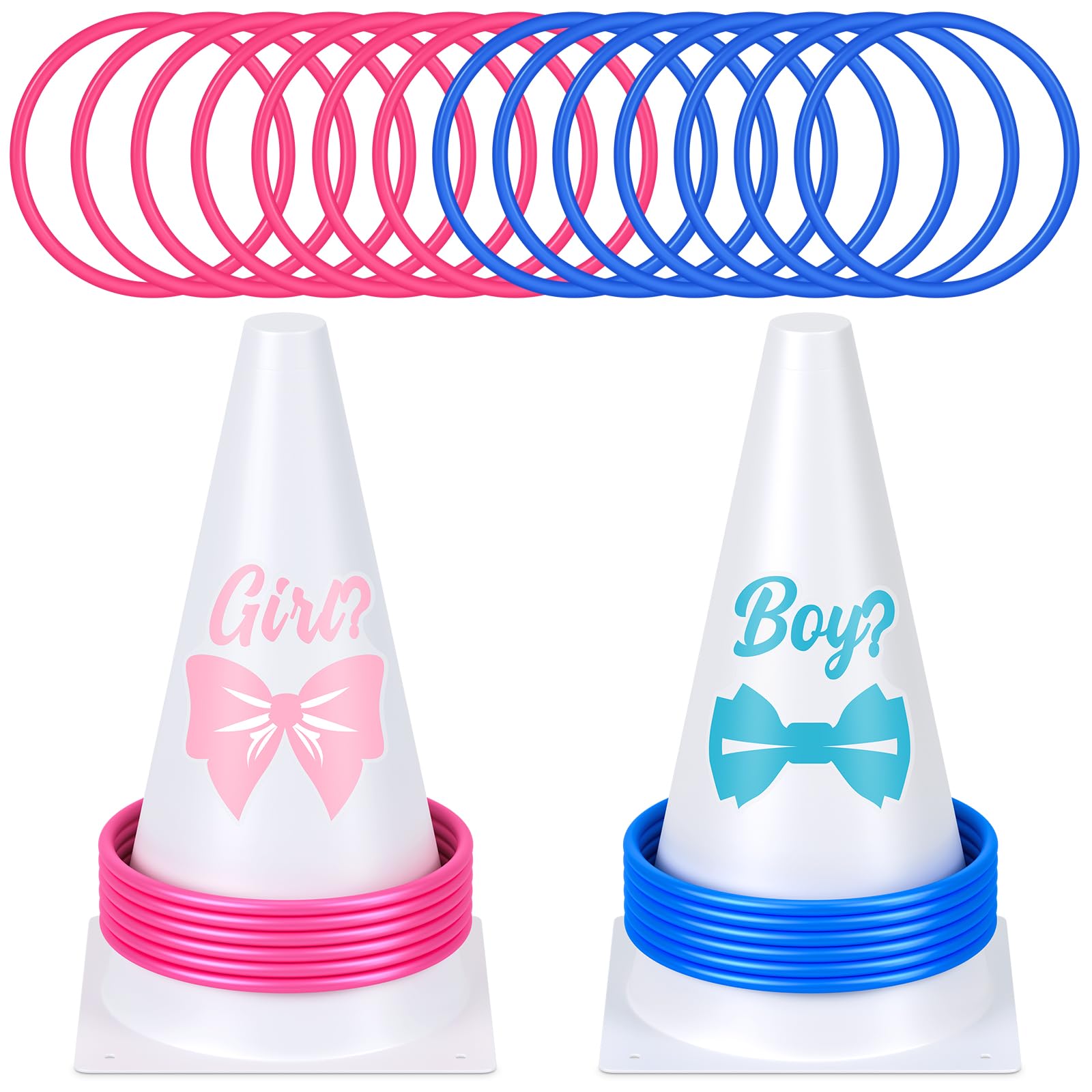 Leitee 16 Pcs Gender Reveal Party Boy or Girl Ring Toss Game Include 2 Plastic Cones 12 Pink Blue Toss Rings and 2 Gender Stickers for Guests Baby