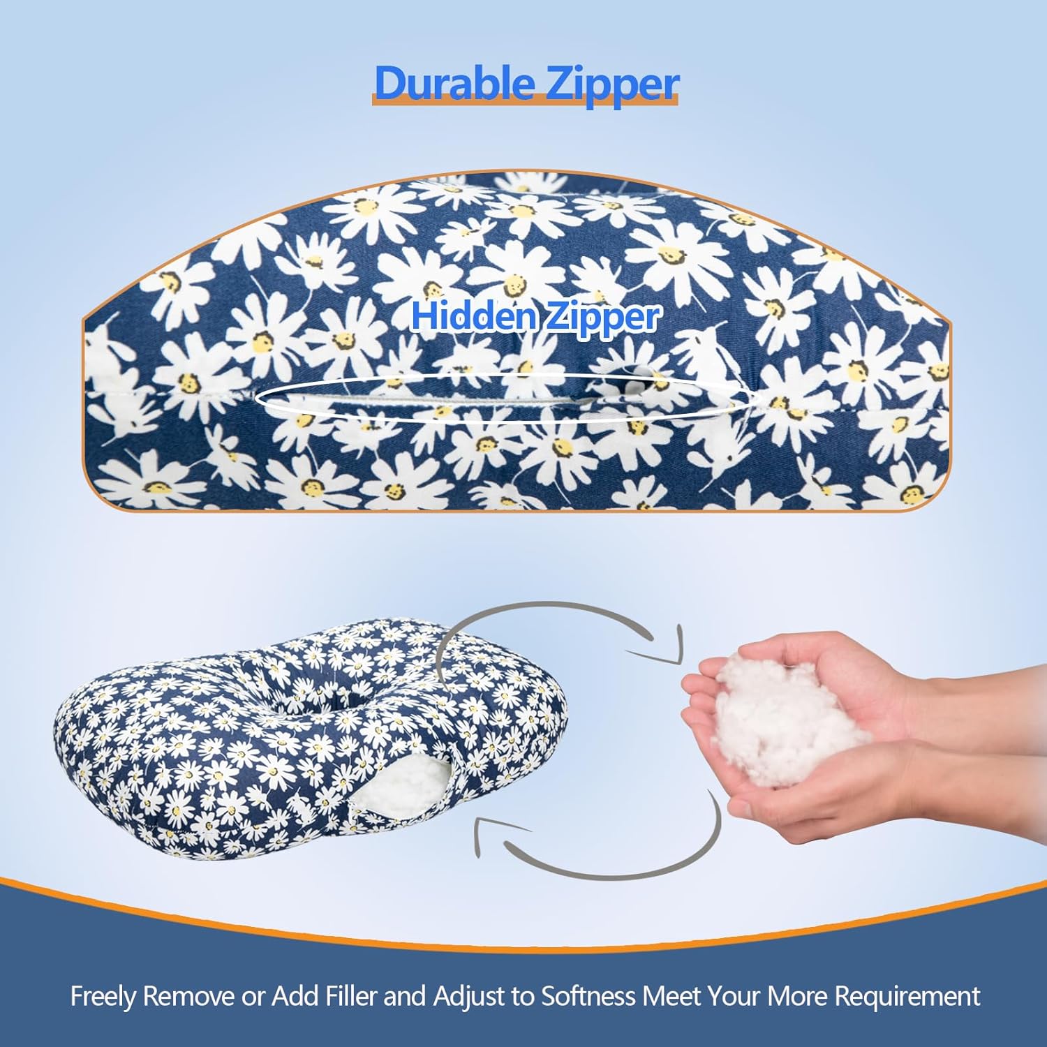 Ear Piercing Hole Pillows Side Sleeper Pillow with an Ear Hole for CNH Side Sleepers and Ear Inflammation Pressure Sores, Adjustable Cotton and Polyester Curved Side Pillow, Blue Flowers