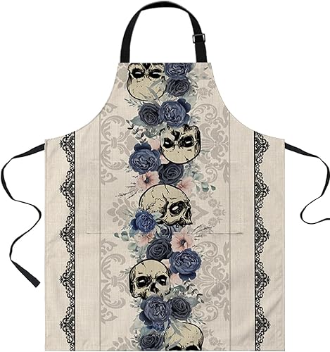 Halloween Bib Aprons with Pockets Waterproof, Adjustable Apron for Men Women Horror Skull Blue Flowers Botanical Black Geometric