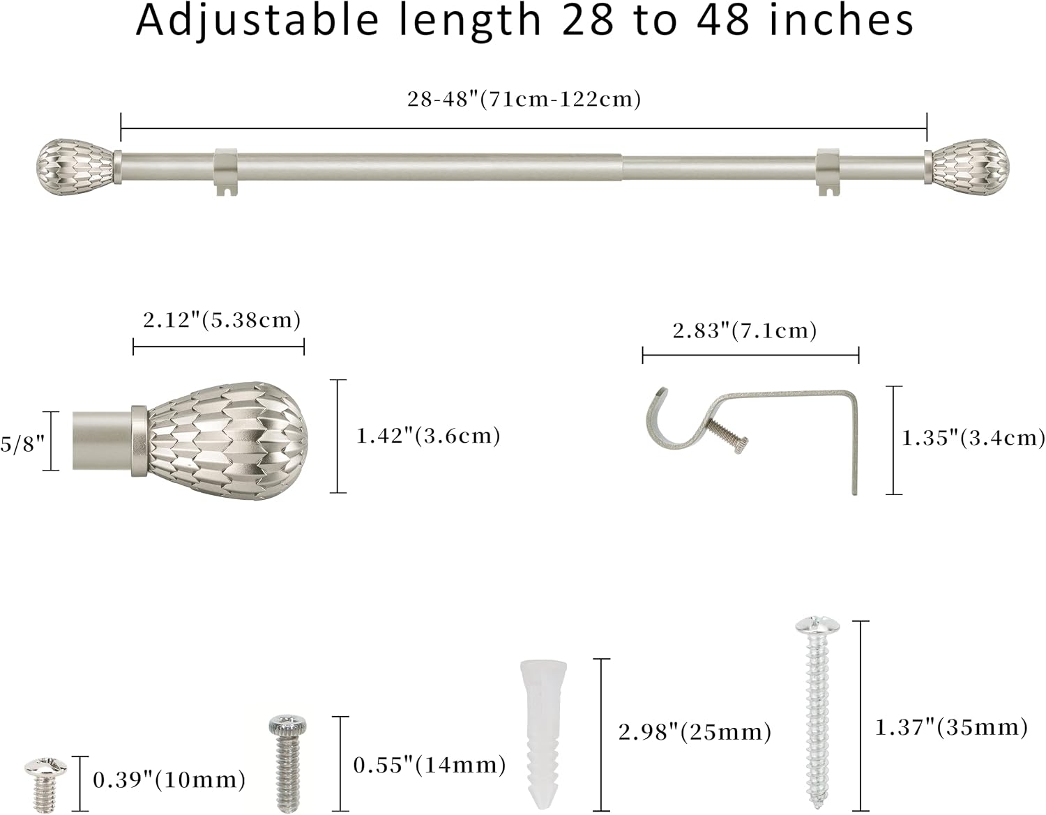 5/8" Single Curtain Rod with Brun Finials 2set (Pewter, 28''-48'')