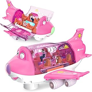 Pink Airplane Toys for Toddlers 1-3-5, Toy Airplane for 4-8 Year Old Boys Girls Birthday, Toddler Toys Bump and Go Action Air Plane with LED Flashing Lights & Sounds (Pink)