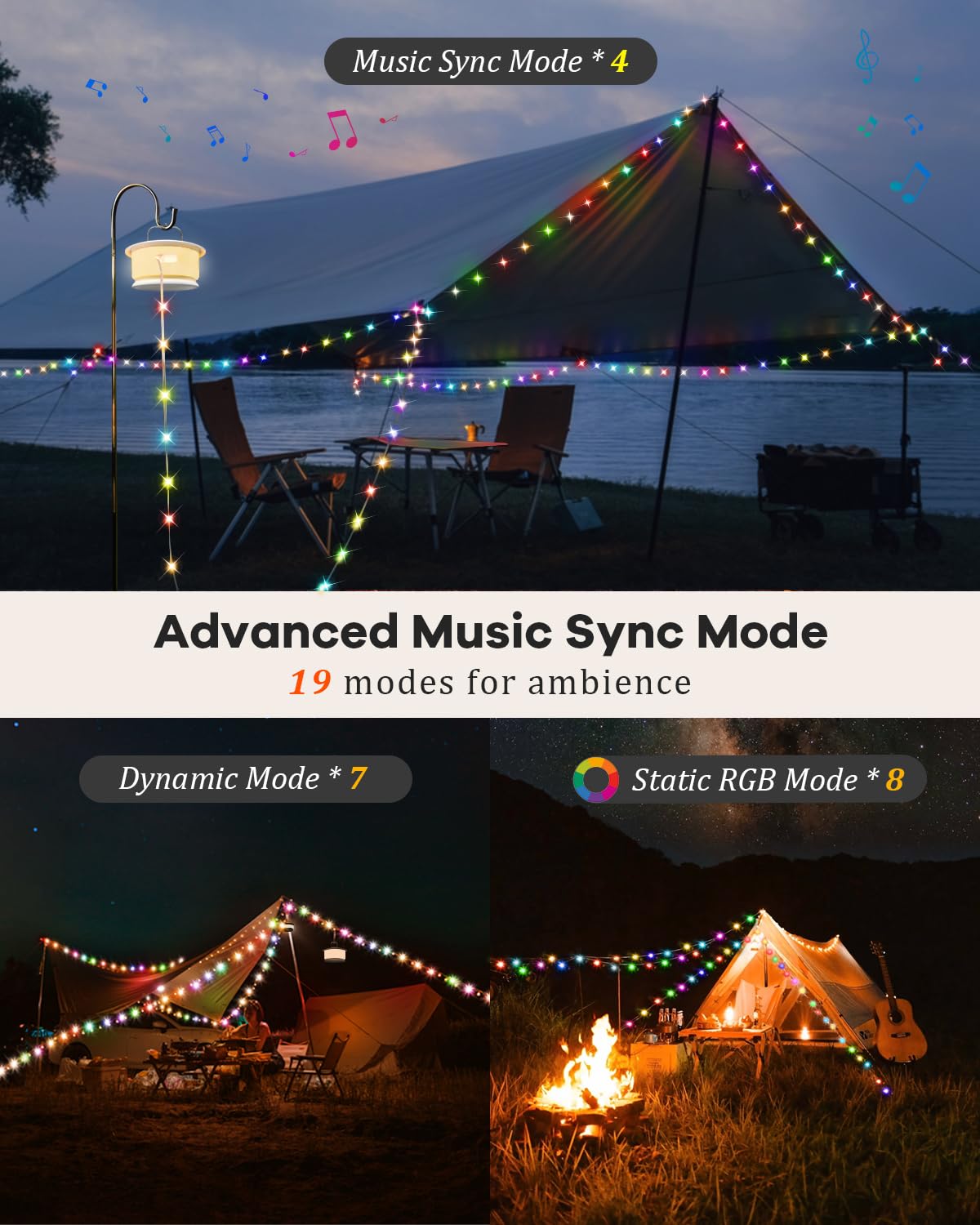 Camping-Lichterkette für den Außenbereich mit Musik-Synchronisation, schnelle Lagerung, LED-Lichterkette mit 7 RGB-Farben und 12 Modi, Zeltlichter, tragbare Camping-Laterne, wasserdicht, Camping-Licht