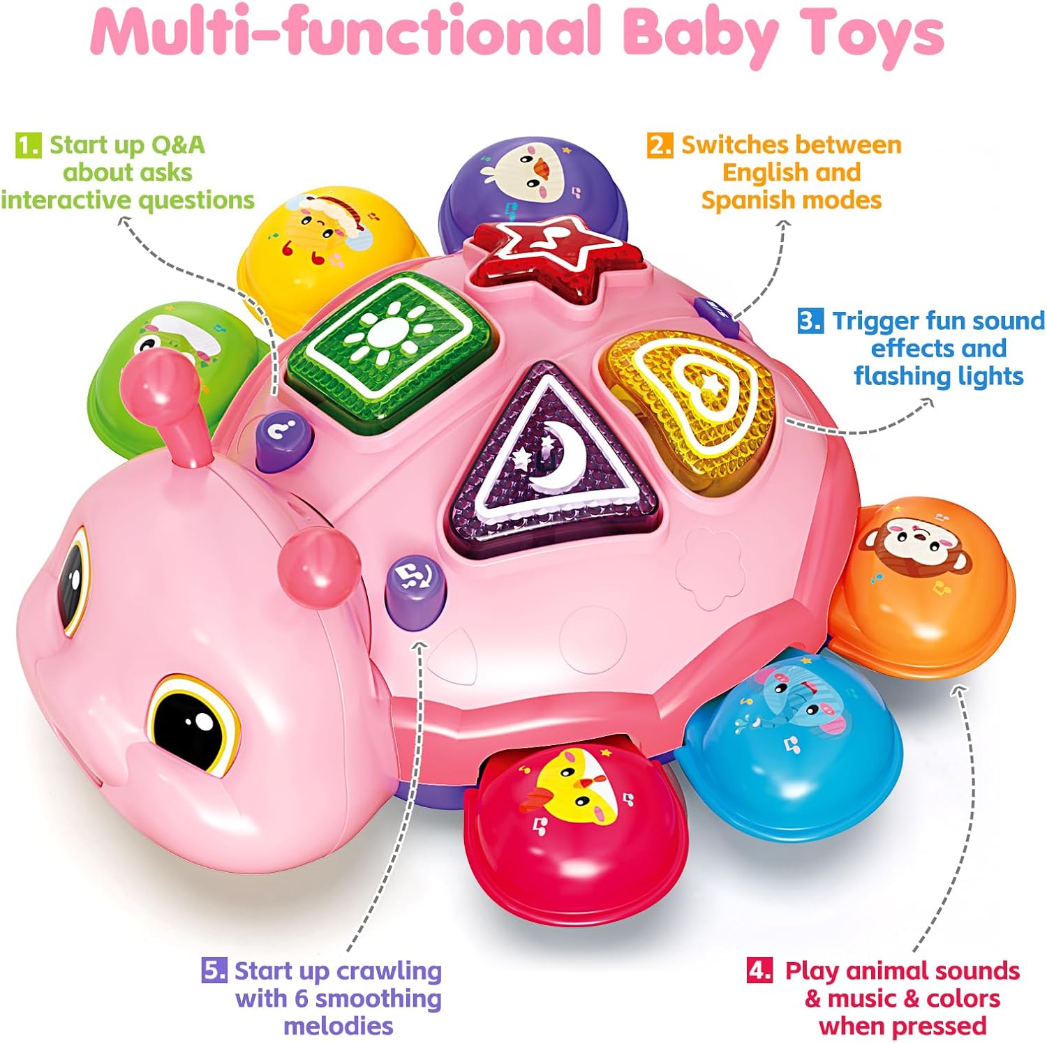 Baby Crawling Toys for 6-12 Months, Musical Toys for Infants 7 8 9 10 11 Months, Early Learning Educational Toy with Sound, Tummy Time Development Toys, Christmas Birthday Gifts for 1 Year Old, Pink