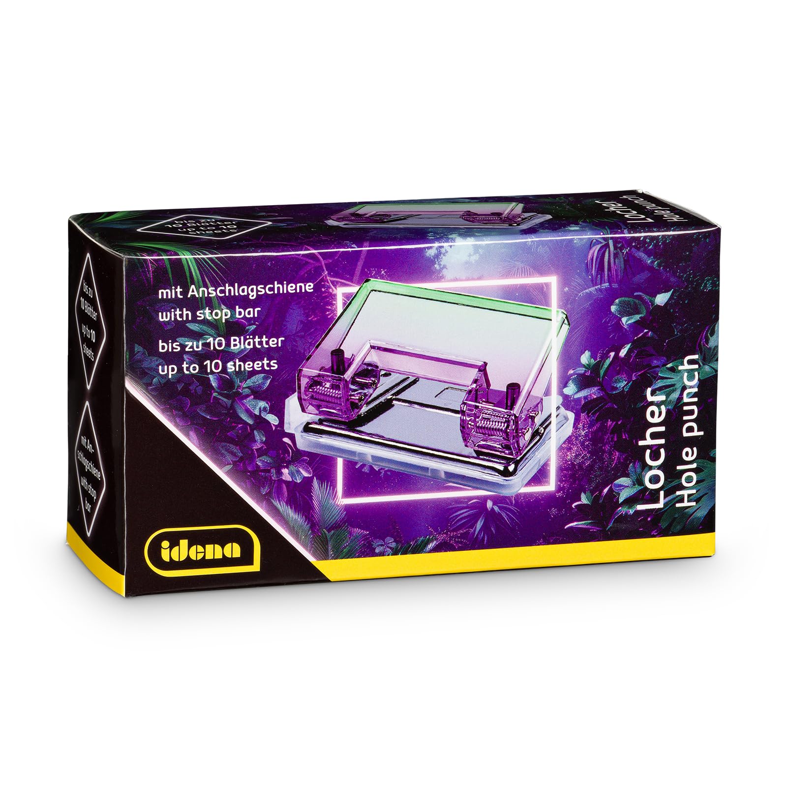 Idena Perforatrice con Guida di Arresto per 10 Fogli, 11,3 x 6 x 5,2 cm, Viola-Verde