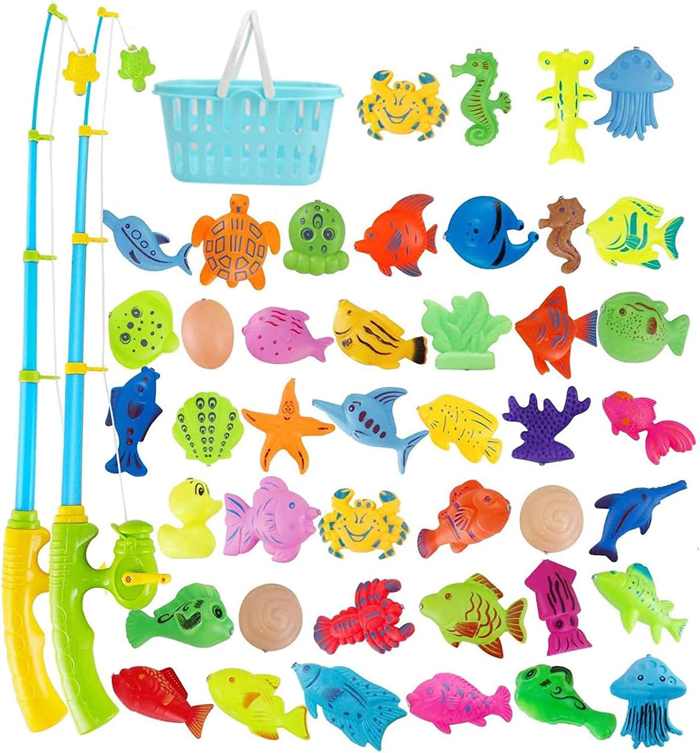 AM ANNA 60pcs Magnetic Fishing Pool Toys Game for Kids-Water Table Bath-tub Kiddie Party Toy with Pole Rod Net Plastic Floating Fish Toddler Color Ocean Sea Animals Age 3 4 5 6 Year Old