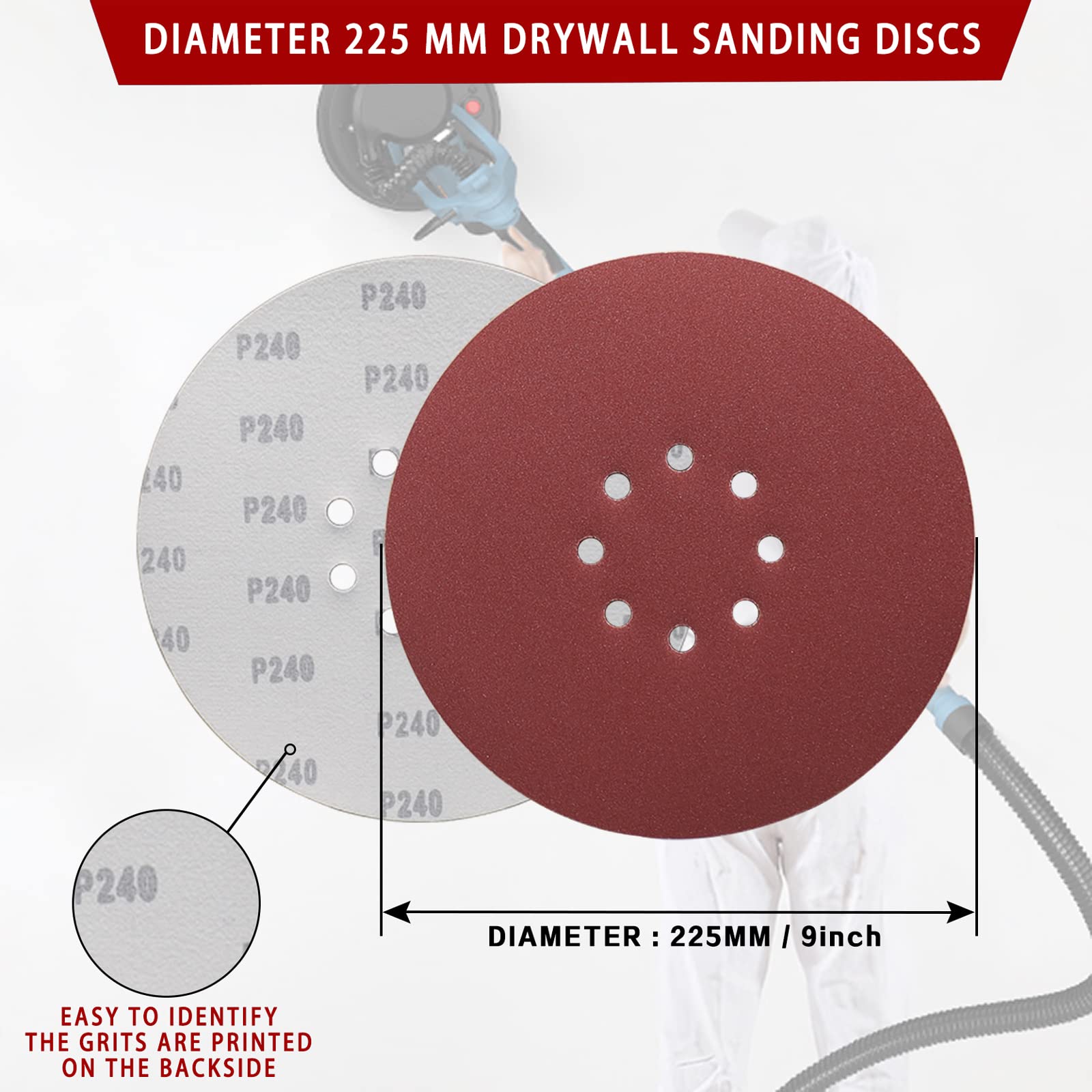 STEBRUAM Papier ścierny, rzep 225 mm, krążki szlifierskie, 30 sztuk, ziarnistość P240, 225 mm, krążki szlifierskie, 8 otworów, duży talerz szlifierski do szlifierek do suchej zabudowy, żyrafa,