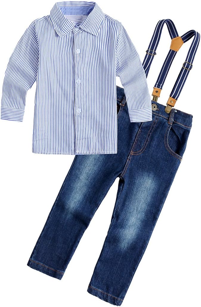 FEYG Kids Boy Clothes Set Children Toddler Outfit Clothing - Jeans & Shirt & Straps