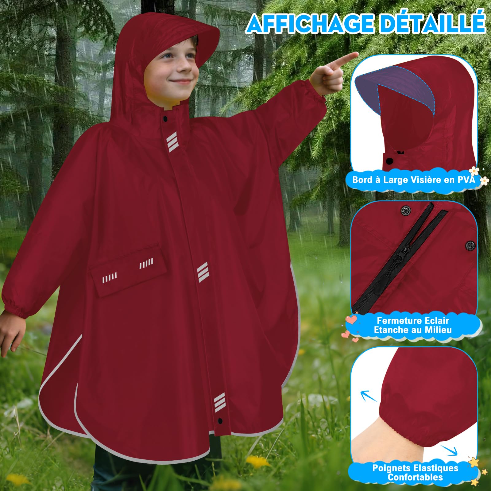 Poncho Pluie Enfant Poncho de Pluie Imperméable Garçons Filles Réutilisable Léger Cape De Pluie Capuchon Manches Réfléchissante Cape De Pluie Unisexe Pour Va à L'école Randonnée Voyage