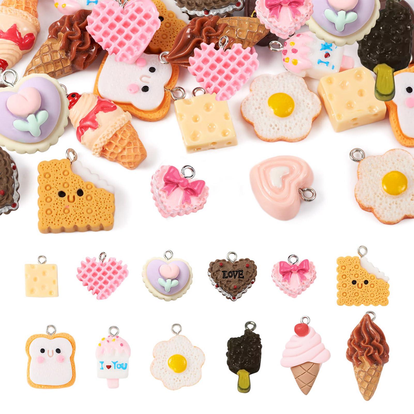 FASHEWELRY 24Pcs Resin Food Charm Cute Ice Cream Cookie Chocolate Dangle Charm Imitation Dessert Pendants for DIY Jewelry Making Crafts